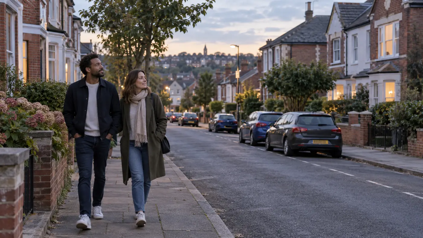 Prospective buyers visiting a British residential street in the evening