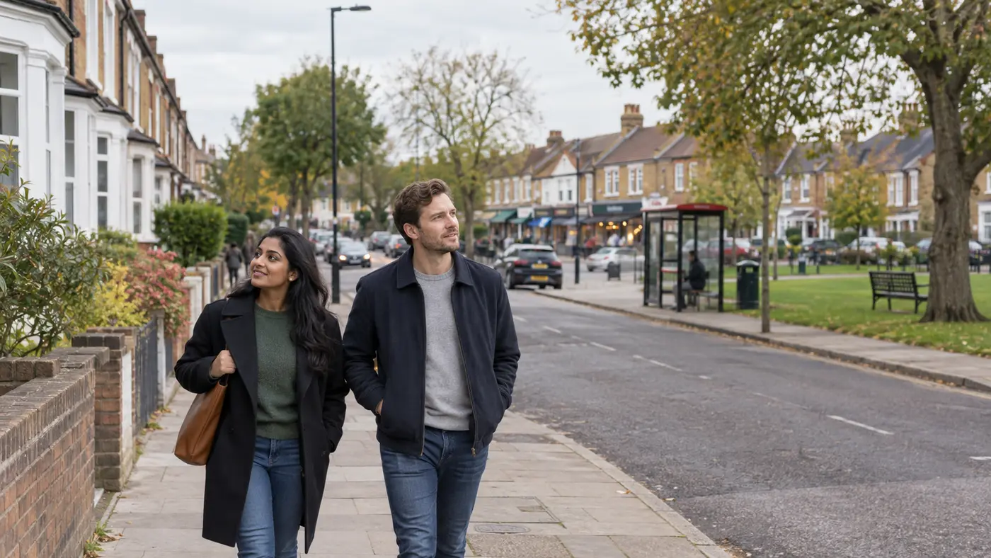 Prospective buyers walking through an ordinary British neighbourhood