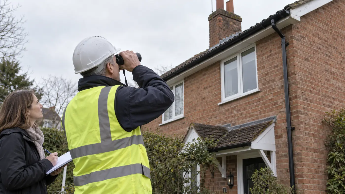 A building surveyor inspecting the roof of a British house